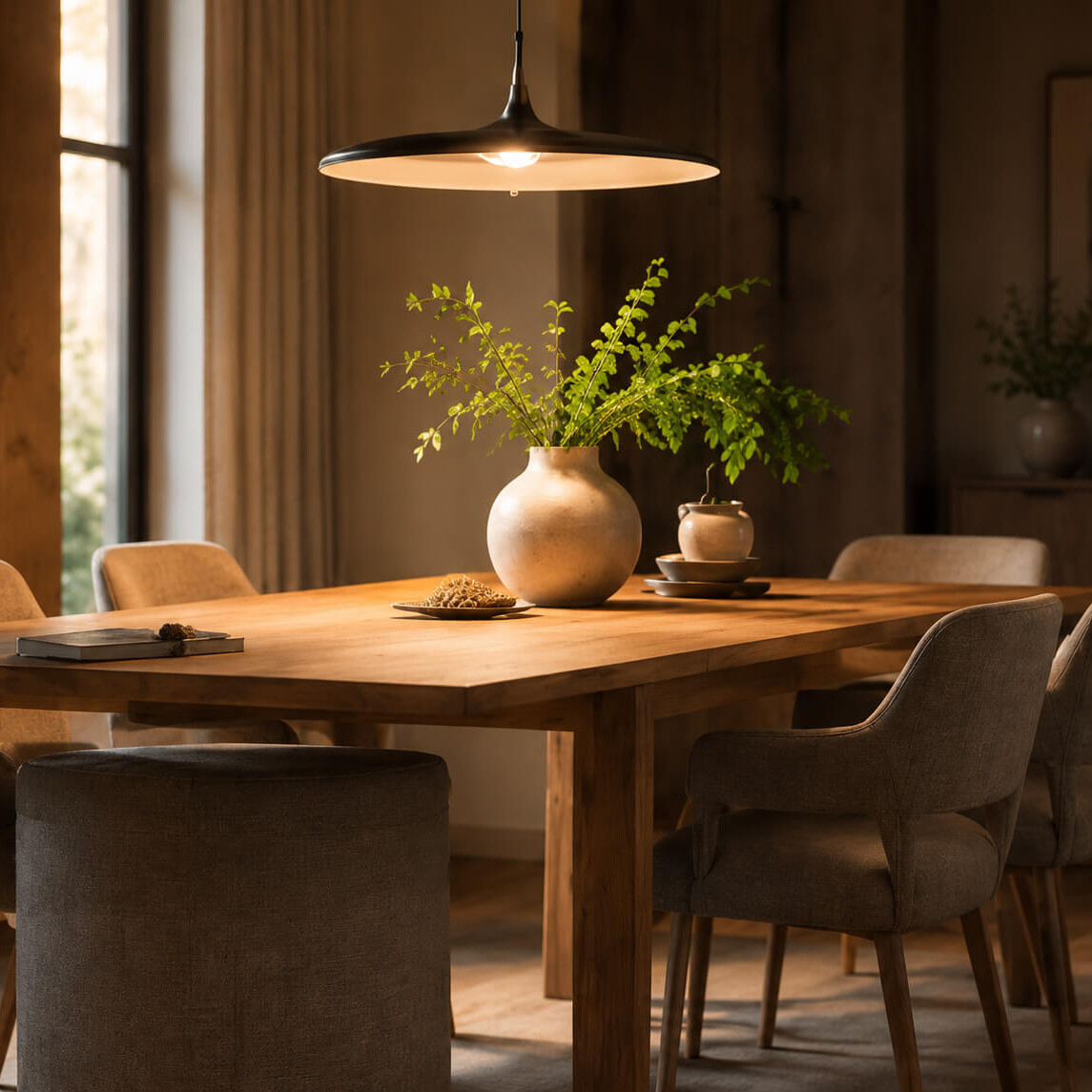 Warm beleuchteter Holzesstisch mit Pendelleuchten und Wohnaccessoires