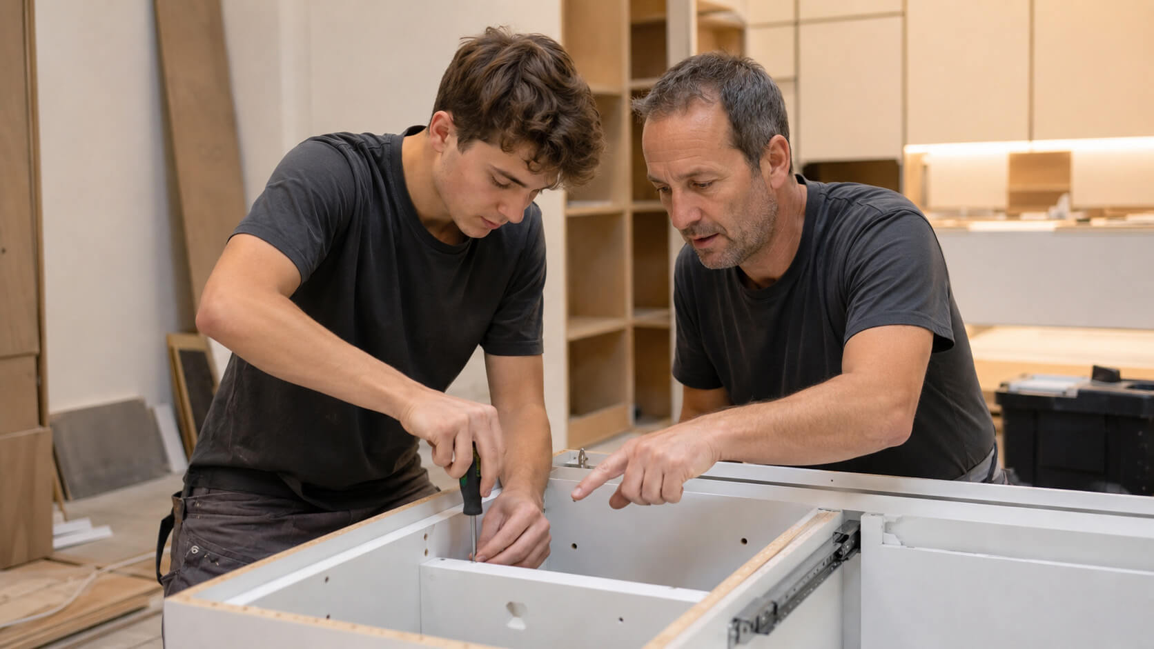 Auszubildender und Mitarbeiter bei der gemeinsamen Arbeit an einem M&ouml;belst&uuml;ck