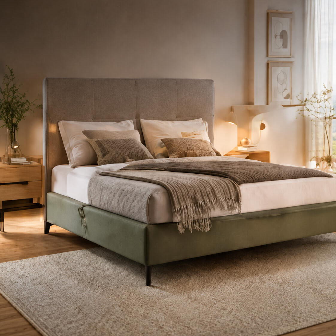Gepolstertes Bett mit Bettwäsche und Nachtkommoden in einem warm eingerichteten Schlafzimmer