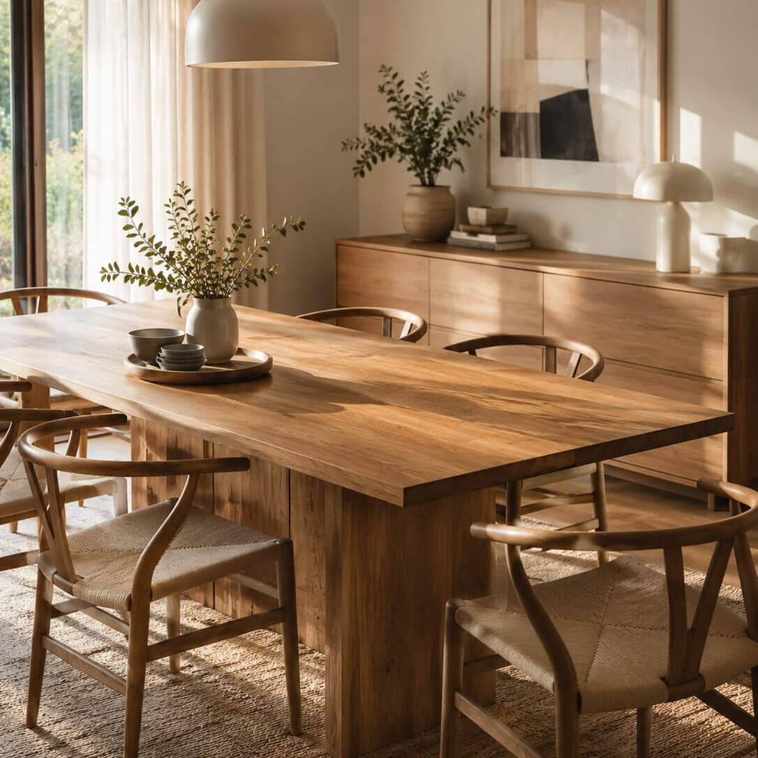 Massiver Holzesstisch mit Stühlen in einem hellen Esszimmer