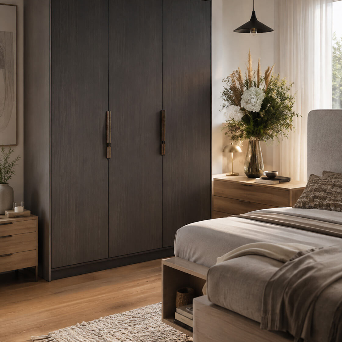 Dunkler Kleiderschrank in einem modern eingerichteten Schlafzimmer