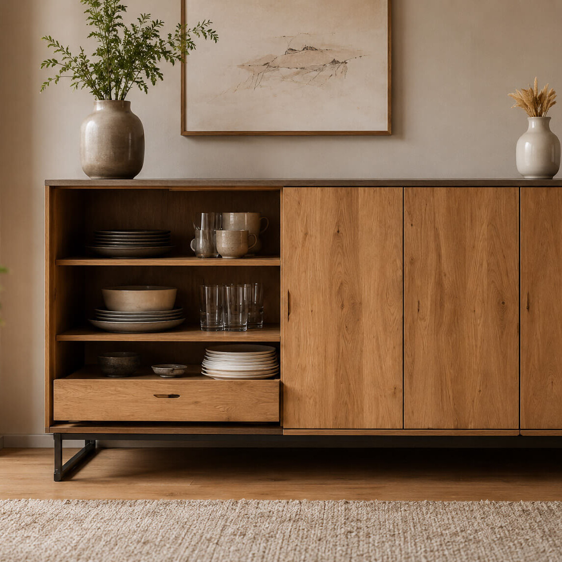 Sideboard aus Holz mit Schubladen, Türen und dekorativen Wohnaccessoires