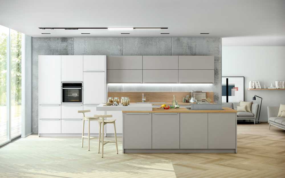 Resopal Kuechenfront Contur Pura grau weiss