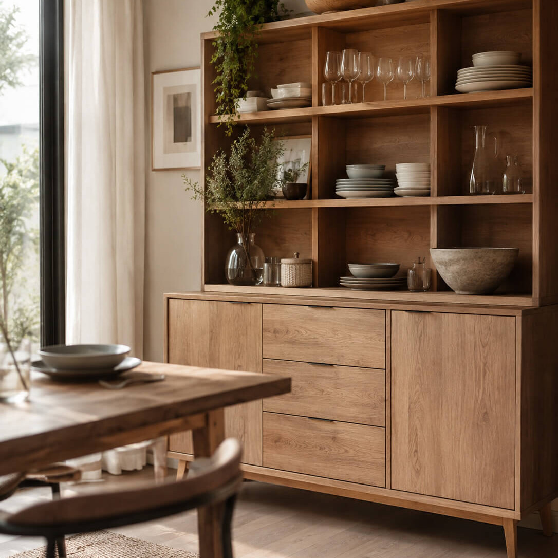 Sideboard aus Holz mit offenen Fächern und Stauraum