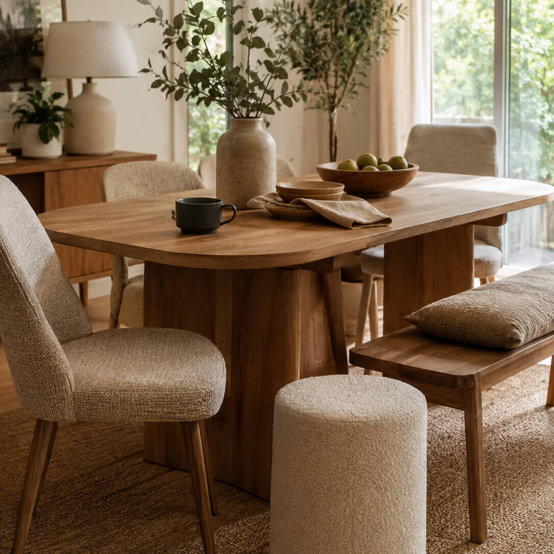 Esszimmer mit Holztisch, Stühlen und Sitzmöbeln in natürlichen Materialien