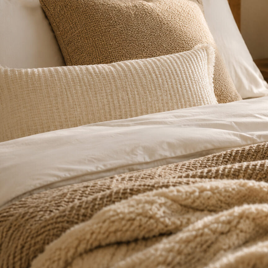 Bett mit weichen Kissen und natürlichen Textilien in warmen Farbtönen