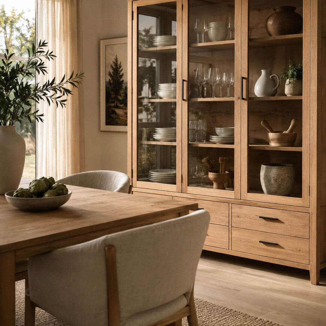 Vitrine aus Holz mit Glasfronten und Geschirr im Esszimmer