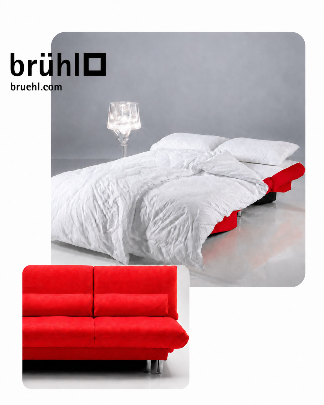 Modernes br&uuml;hl Schlafsofa mit ausgezogener Liegefl&auml;che und Bettdecke