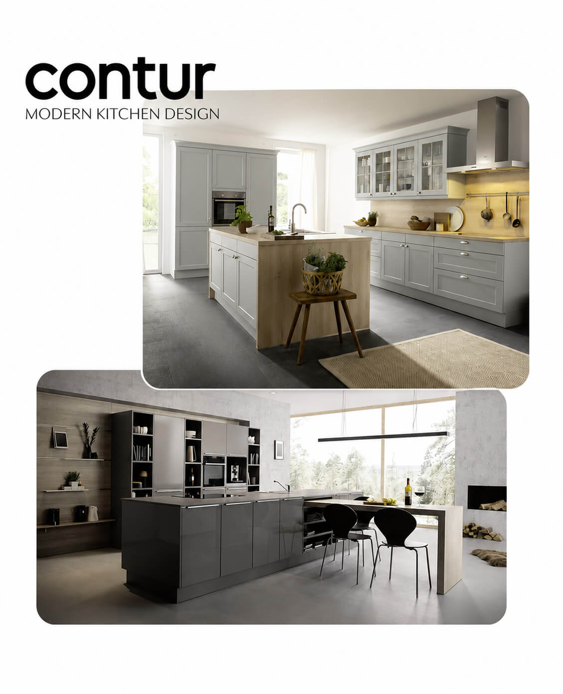 Moderne Contur Küche mit Kücheninsel und hellen Fronten