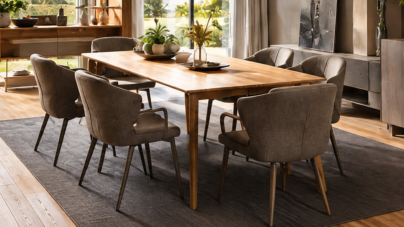 Großer Holzesstisch mit gepolsterten Stühlen in einem wohnlich eingerichteten Esszimmer