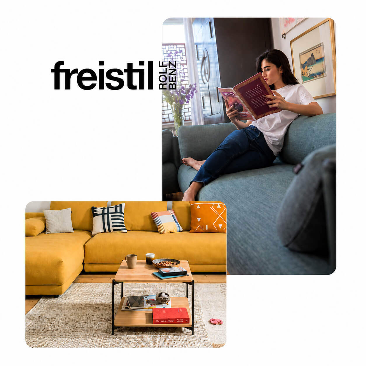 Gelbes Sofa und blauer Sessel von freistil Rolf Benz in modernem Ambiente