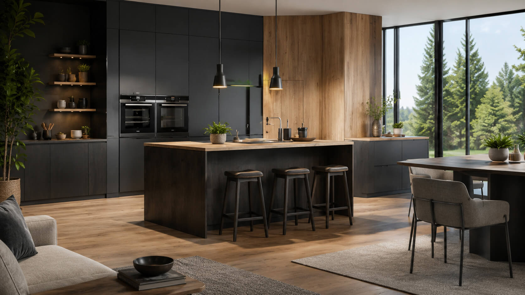Moderne K&uuml;che mit dunklen Fronten, Holzdetails und K&uuml;cheninsel