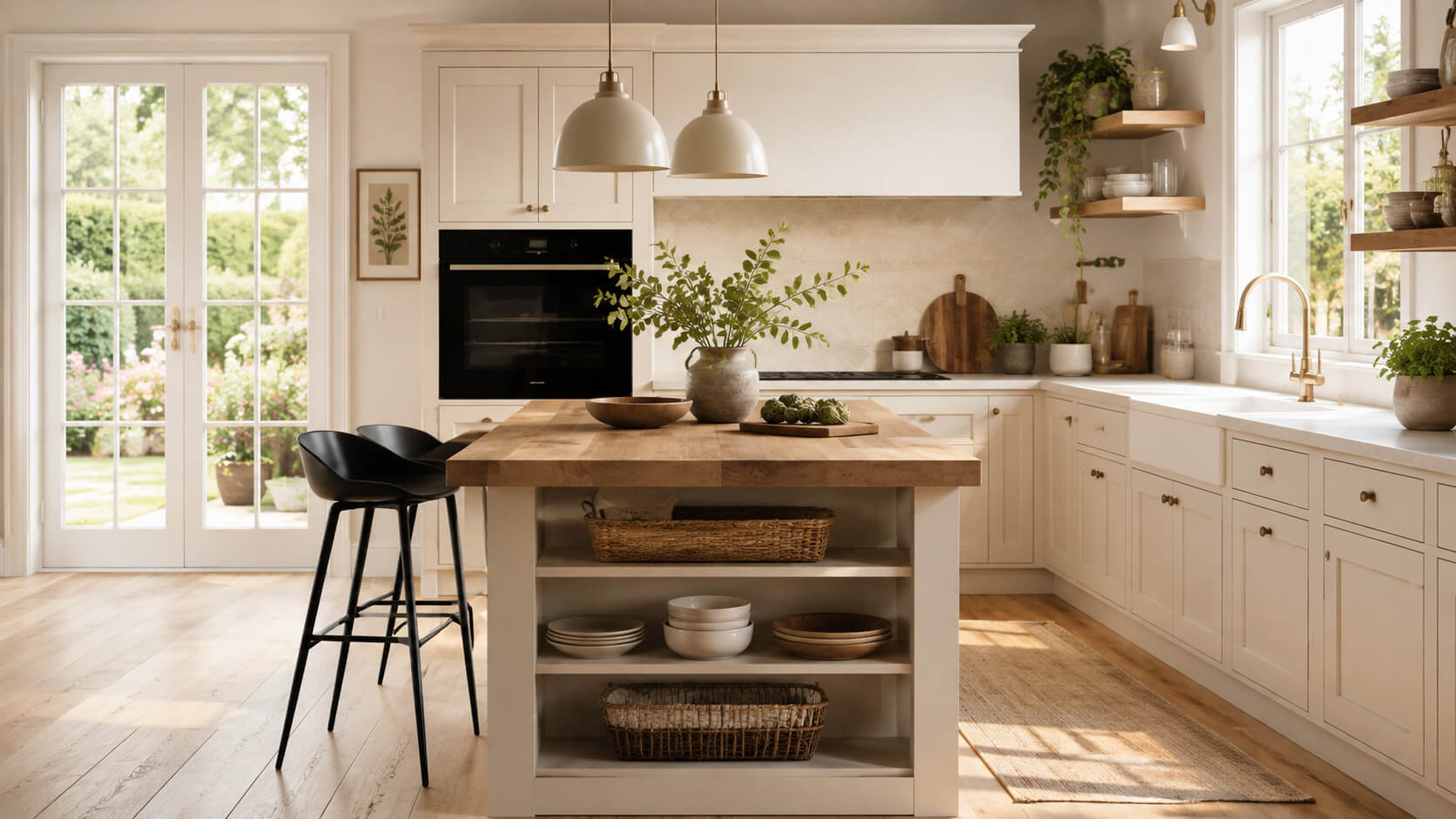 Moderne Küche mit Holzfronten, Kücheninsel und wohnlicher Beleuchtung