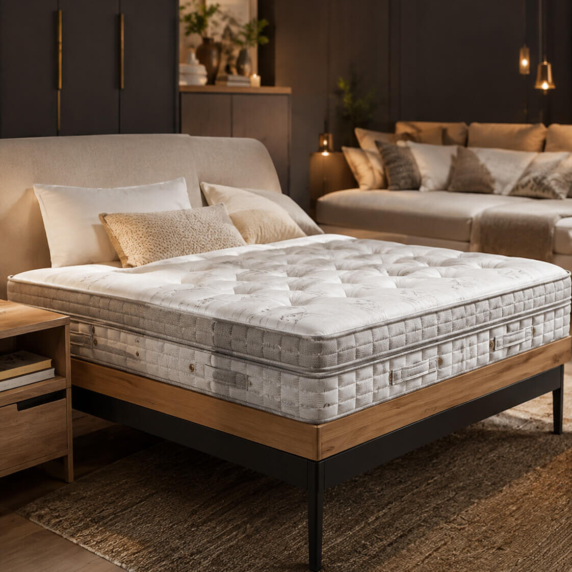 Bett mit Matratze und Schlafsystem in einem wohnlich eingerichteten Schlafzimmer