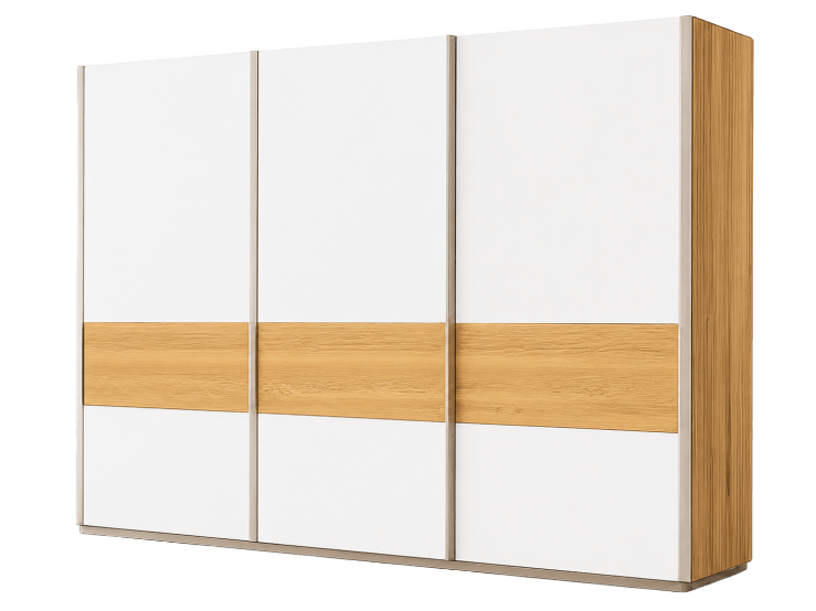 Weißer Kleiderschrank mit horizontalem Holzelement und Schiebetüren