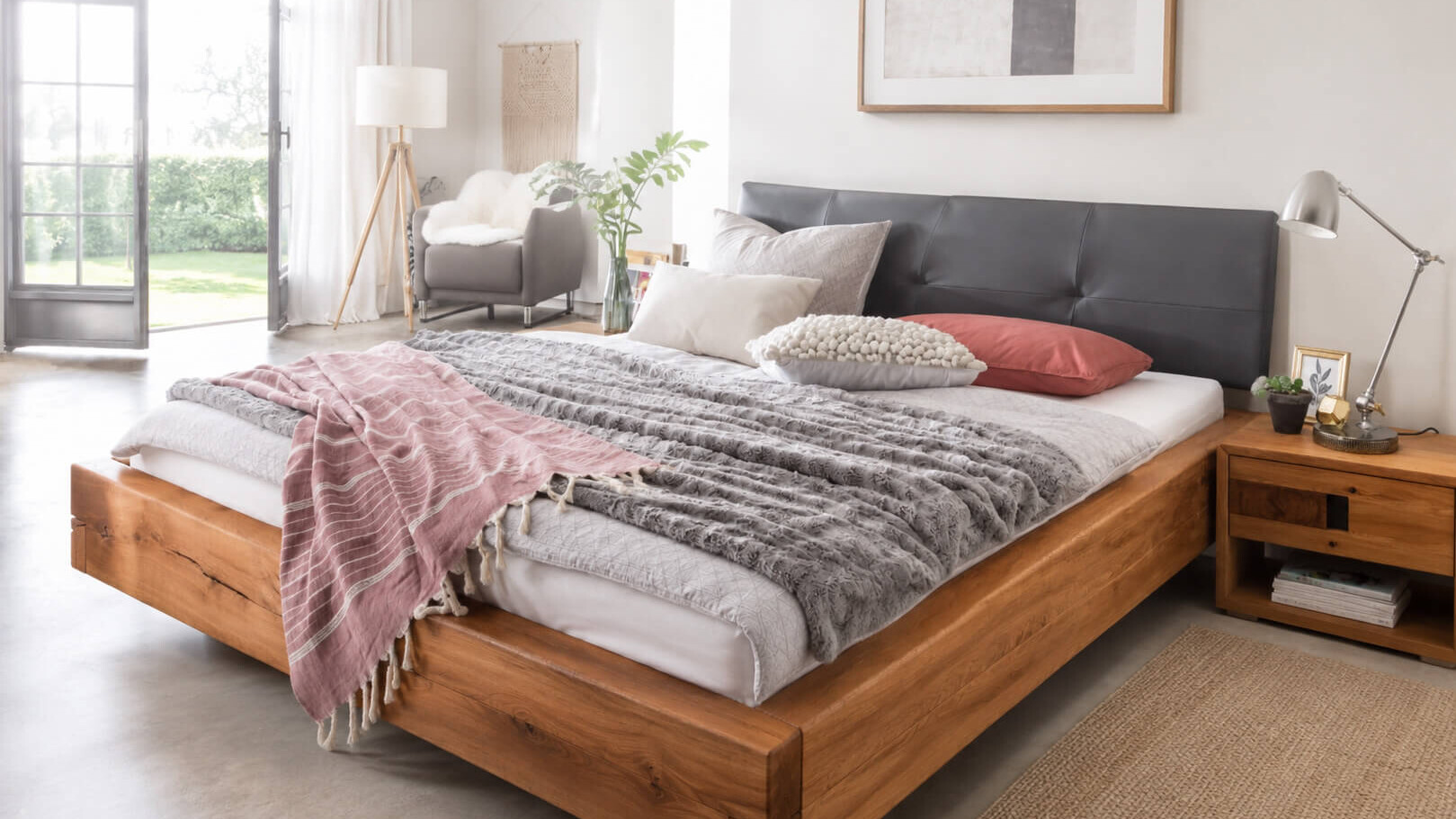 Nat&uuml;rlich eingerichtetes Schlafzimmer mit hellem Bett und warmen Holzt&ouml;nen