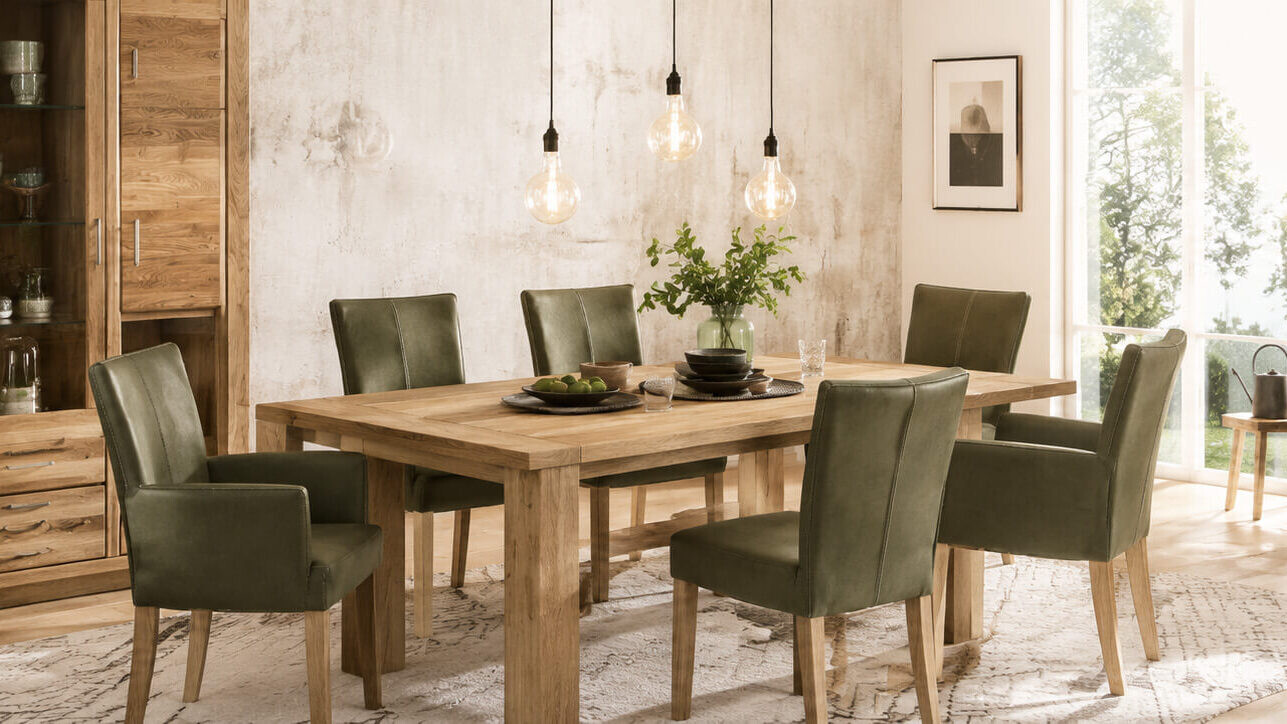Nat&uuml;rlich eingerichtetes Esszimmer mit Holztisch, St&uuml;hlen und Pflanzen