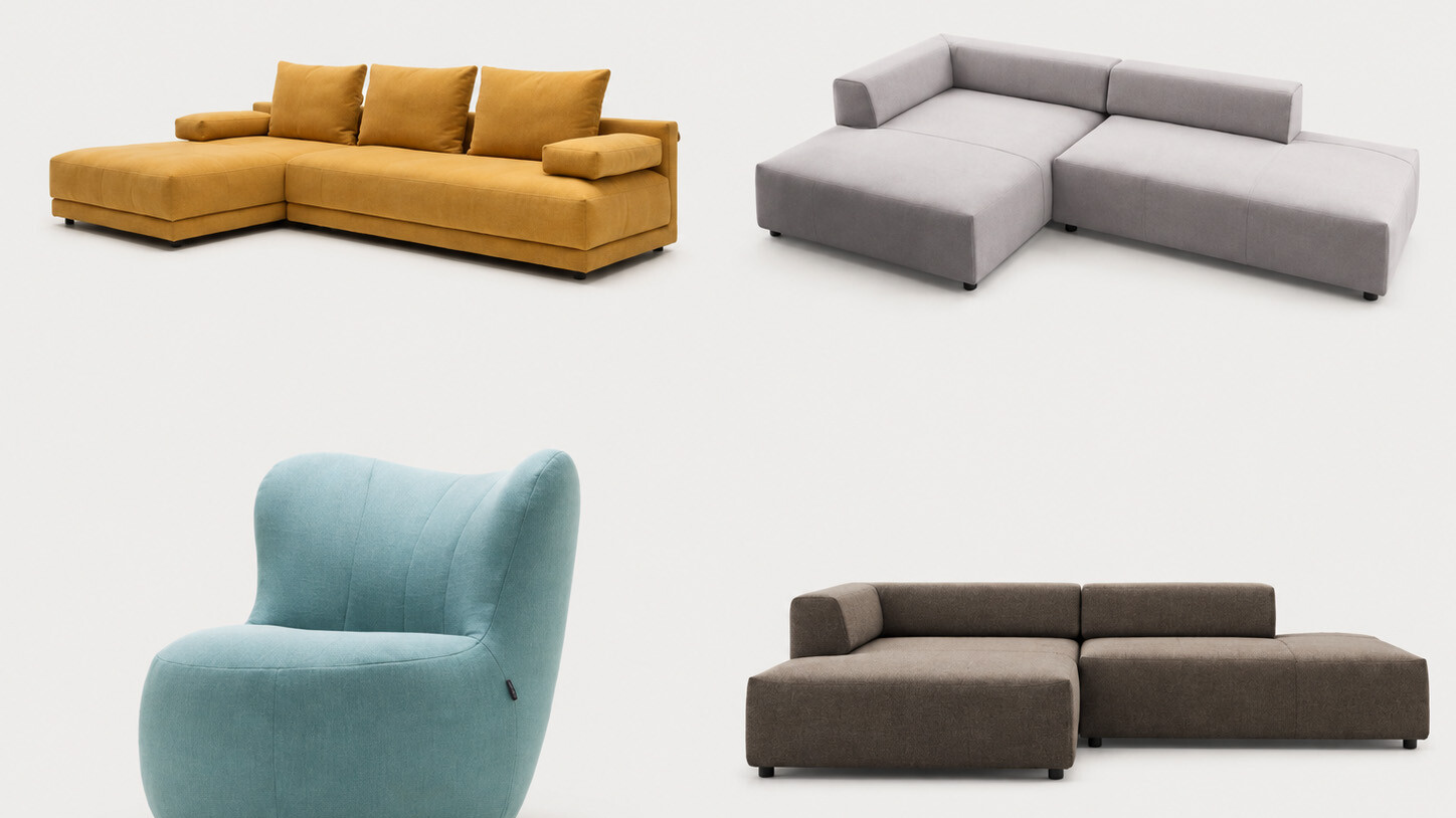Verschiedene Sofas und Sessel von freistil Rolf Benz in Gelb, Grau und Türkis