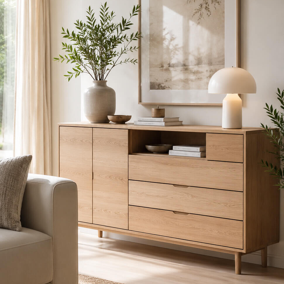Wohnzimmer mit TV-Möbel und Stauraumlösung aus Holz