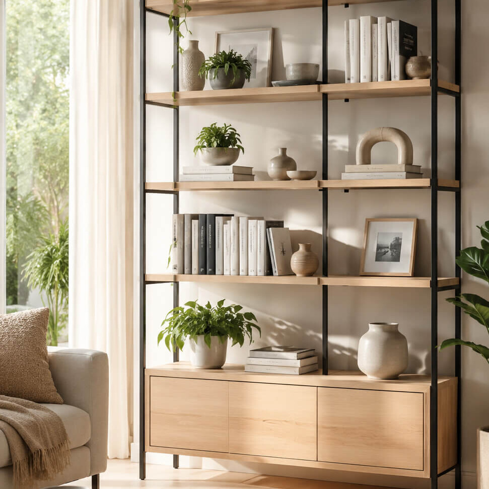 Wohnzimmer mit offenem Regal und Wandboard aus Holz