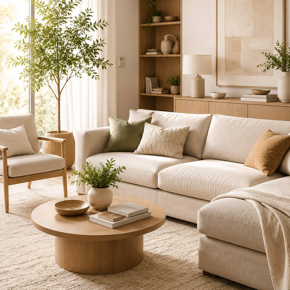 Modernes Wohnzimmer mit Sofa und rundem Couchtisch