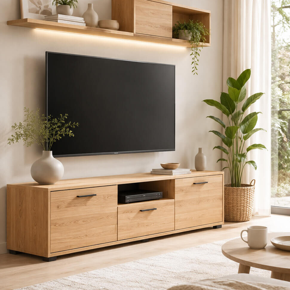 Wohnzimmer mit Sideboard und dekorativen Wohnaccessoires