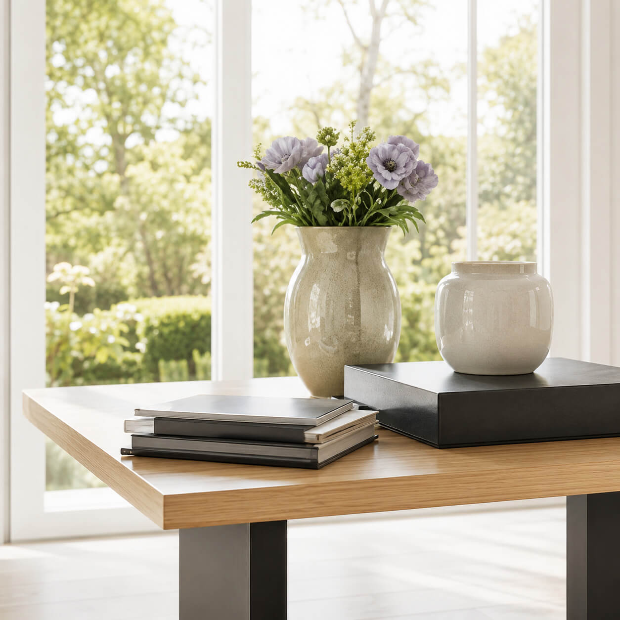 Blumenvase auf einem Sideboard in einem hell eingerichteten Wohnzimmer
